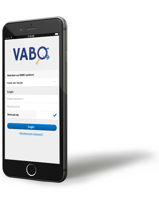 iPhone met screenshot van VABO app